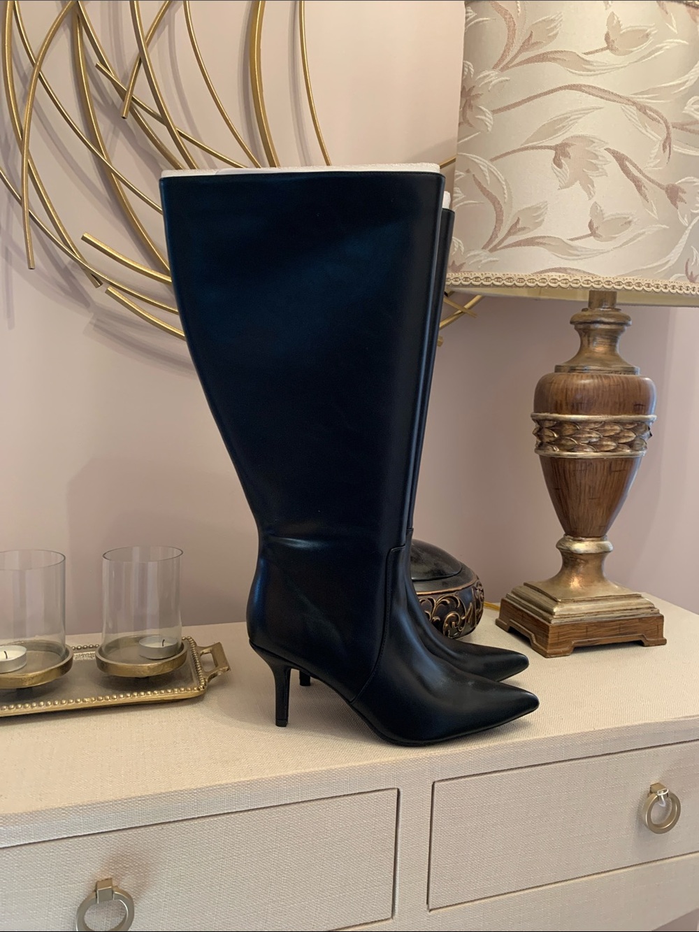 INC International Concepts Black Pointed-Toe Knee-High Stiletto Boots